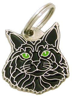 Maine-Coon-Katze Schwarz - Katzenmarken MjavHov - Katzenmarke, Katzenmarken online, Katzenmarken mit gravur, gravierte Katzenmarken, Katzenmarkeanhänger, Anhänger mit gravur, Katzenmarkezubehöer, Rassen Katzenmarke, Tieranhänger