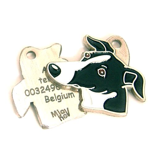 Custom personalized dog name tag Whippet black and white

This unique, cute and quality dog id tag is offered with laser engraved name and phone no. or your custom text. Stainless steel split ring for easy attachment to your pets collar. All items are also available as keychains.
Gift for dogs and dog lovers.

Color: colored/silver
Size: 33 x 28 mm

Engraving area: 20 x 7 mm, up to 2 lines, 15 characters / per line.
Laser engraving personalization on the back side is included in the price. Enter the text you wish to have engraved. Suggestion: dog's name and phone number. We engrave on the back side of the tag. Engraving will be centered and easy to read. If you go over the recommended count then the text becomes smaller, and harder to read.

Metal, chrome plated dog tag or key ring. 
Hand made, hand colored, made in Slovenia. 

In stock.
