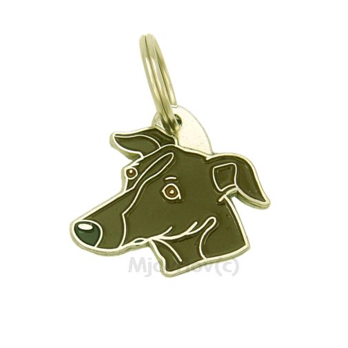 Custom personalized dog name tag Sighthound brindle

This unique, cute and quality dog id tag is offered with laser engraved name and phone no. or your custom text. Stainless steel split ring for easy attachment to your pets collar. All items are also available as keychains.
Gift for dogs and dog lovers.

Color: colored/silver
Size: 33 x 28 mm

Engraving area: 20 x 7 mm
Laser engraving personalization on the back side is included in the price. Enter the text you wish to have engraved. Suggestion: dog's name and phone number. We engrave on the back side of the tag. Engraving will be centered and easy to read. If you go over the recommended count then the text becomes smaller, and harder to read.

Metal, chrome plated dog tag or key ring. 
Hand made, hand colored, made in Slovenia. 

In stock.
