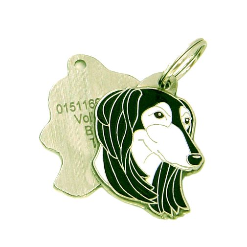 Custom personalized dog name tag Saluki black and white

This unique, cute and quality dog id tag is offered with laser engraved name and phone no. or your custom text. Stainless steel split ring for easy attachment to your pets collar. All items are also available as keychains.
Gift for dogs and dog lovers.

Color: colored/silver
Size: 37 x 29 mm

Engraving area: 20 x 20 mm
Laser engraving personalization on the back side is included in the price. Enter the text you wish to have engraved. Suggestion: dog's name and phone number. We engrave on the back side of the tag. Engraving will be centered and easy to read. If you go over the recommended count then the text becomes smaller, and harder to read.

Metal, chrome plated dog tag or key ring. 
Hand made, hand colored, made in Slovenia. 

In stock.
