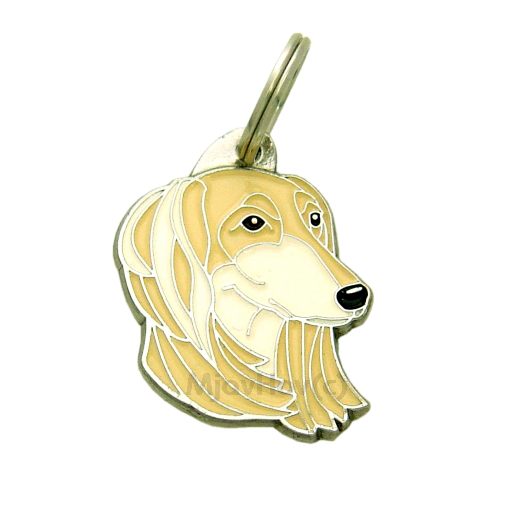 Custom personalized dog name tag Saluki white and cream

This unique, cute and quality dog id tag is offered with laser engraved name and phone no. or your custom text. Stainless steel split ring for easy attachment to your pets collar. All items are also available as keychains.
Gift for dogs and dog lovers.

Color: colored/silver
Size: 37 x 29 mm

Engraving area: 20 x 20 mm
Laser engraving personalization on the back side is included in the price. Enter the text you wish to have engraved. Suggestion: dog's name and phone number. We engrave on the back side of the tag. Engraving will be centered and easy to read. If you go over the recommended count then the text becomes smaller, and harder to read.

Metal, chrome plated dog tag or key ring. 
Hand made, hand colored, made in Slovenia. 

In stock.
