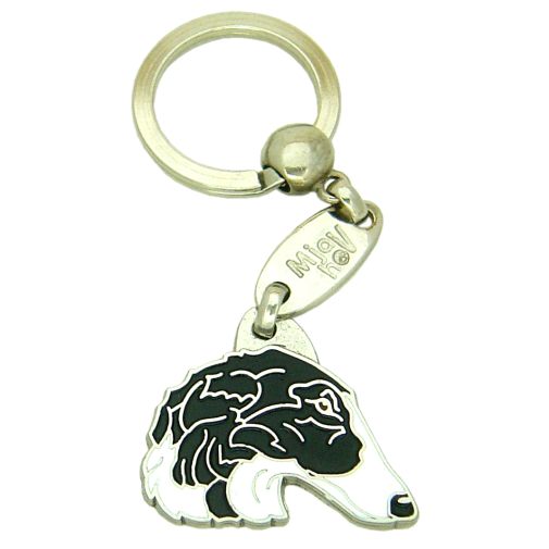 Custom personalized dog name tag Borzoi black and white

This unique, cute and quality dog id tag is offered with laser engraved name and phone no. or your custom text. Stainless steel split ring for easy attachment to your pets collar. All items are also available as keychains.
Gift for dogs and dog lovers.

Color: colored/silver
Size: 35 x 30 mm

Engraving area: 21 x 12 mm
Laser engraving personalization on the back side is included in the price. Enter the text you wish to have engraved. Suggestion: dog's name and phone number. We engrave on the back side of the tag. Engraving will be centered and easy to read. If you go over the recommended count then the text becomes smaller, and harder to read.

Metal, chrome plated dog tag or key ring. 
Hand made, hand colored, made in Slovenia. 

In stock.
