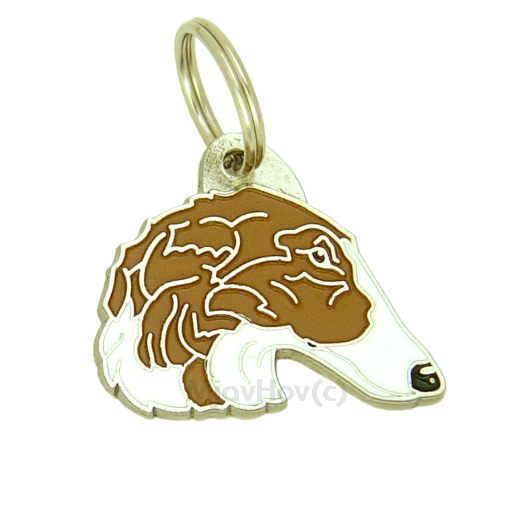 Custom personalized dog name tag Borzoi white brown

This unique, cute and quality dog id tag is offered with laser engraved name and phone no. or your custom text. Stainless steel split ring for easy attachment to your pets collar. All items are also available as keychains.
Gift for dogs and dog lovers.

Color: colored/silver
Size: 35 x 30 mm

Engraving area: 21 x 12 mm
Laser engraving personalization on the back side is included in the price. Enter the text you wish to have engraved. Suggestion: dog's name and phone number. We engrave on the back side of the tag. Engraving will be centered and easy to read. If you go over the recommended count then the text becomes smaller, and harder to read.

Metal, chrome plated dog tag or key ring. 
Hand made, hand colored, made in Slovenia. 

In stock.
