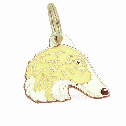 Custom personalized dog name tag Borzoi white and cream

This unique, cute and quality dog id tag is offered with laser engraved name and phone no. or your custom text. Stainless steel split ring for easy attachment to your pets collar. All items are also available as keychains.
Gift for dogs and dog lovers.

Color: colored/silver
Size: 35 x 30 mm

Engraving area: 21 x 12 mm
Laser engraving personalization on the back side is included in the price. Enter the text you wish to have engraved. Suggestion: dog's name and phone number. We engrave on the back side of the tag. Engraving will be centered and easy to read. If you go over the recommended count then the text becomes smaller, and harder to read.

Metal, chrome plated dog tag or key ring. 
Hand made, hand colored, made in Slovenia. 

In stock.
