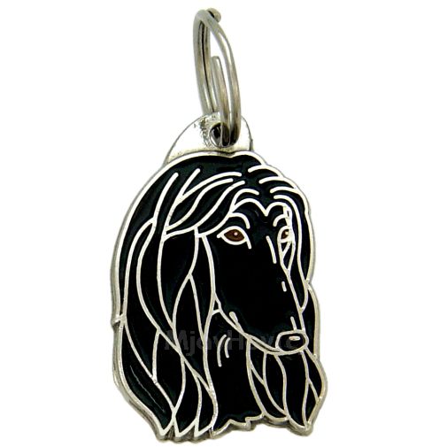 Custom personalized dog name tag Afghan hound black

This unique, cute and quality dog id tag is offered with laser engraved name and phone no. or your custom text. Stainless steel split ring for easy attachment to your pets collar. All items are also available as keychains.
Gift for dogs and dog lovers.

Color: colored/silver
Size: 24 x 38 mm

Engraving area: 20 x 20 mm
Laser engraving personalization on the back side is included in the price. Enter the text you wish to have engraved. Suggestion: dog's name and phone number. We engrave on the back side of the tag. Engraving will be centered and easy to read. If you go over the recommended count then the text becomes smaller, and harder to read.

Metal, chrome plated dog tag or key ring. 
Hand made, hand colored, made in Slovenia. 

In stock.
