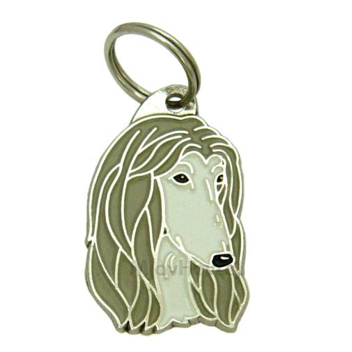 Custom personalized dog name tag Afghan hound grey

This unique, cute and quality dog id tag is offered with laser engraved name and phone no. or your custom text. Stainless steel split ring for easy attachment to your pets collar. All items are also available as keychains.
Gift for dogs and dog lovers.

Color: colored/silver
Size: 24 x 38 mm

Engraving area: 20 x 20 mm
Laser engraving personalization on the back side is included in the price. Enter the text you wish to have engraved. Suggestion: dog's name and phone number. We engrave on the back side of the tag. Engraving will be centered and easy to read. If you go over the recommended count then the text becomes smaller, and harder to read.

Metal, chrome plated dog tag or key ring. 
Hand made, hand colored, made in Slovenia. 

In stock.
