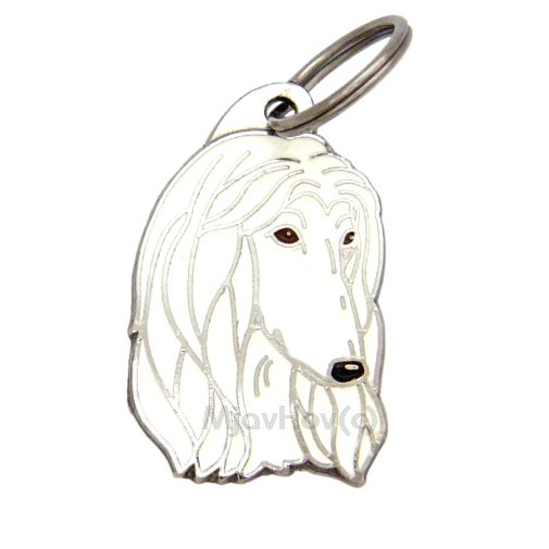 Custom personalized dog name tag Afghan hound white

This unique, cute and quality dog id tag is offered with laser engraved name and phone no. or your custom text. Stainless steel split ring for easy attachment to your pets collar. All items are also available as keychains.
Gift for dogs and dog lovers.

Color: colored/silver
Size: 24 x 38 mm

Engraving area: 20 x 20 mm
Laser engraving personalization on the back side is included in the price. Enter the text you wish to have engraved. Suggestion: dog's name and phone number. We engrave on the back side of the tag. Engraving will be centered and easy to read. If you go over the recommended count then the text becomes smaller, and harder to read.

Metal, chrome plated dog tag or key ring. 
Hand made, hand colored, made in Slovenia. 

In stock.
