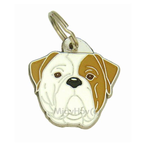 Custom personalized dog name tag American bulldog brown eyed

This unique, cute and quality dog id tag is offered with laser engraved name and phone no. or your custom text. Stainless steel split ring for easy attachment to your pets collar. All items are also available as keychains.
Gift for dogs and dog lovers.

Color: colored/silver
Size: 32 x 33 mm

Engraving area: 21 x 18 mm
Laser engraving personalization on the back side is included in the price. Enter the text you wish to have engraved. Suggestion: dog's name and phone number. We engrave on the back side of the tag. Engraving will be centered and easy to read. If you go over the recommended count then the text becomes smaller, and harder to read.

Metal, chrome plated dog tag or key ring. 
Hand made, hand colored, made in Slovenia. 

In stock.
