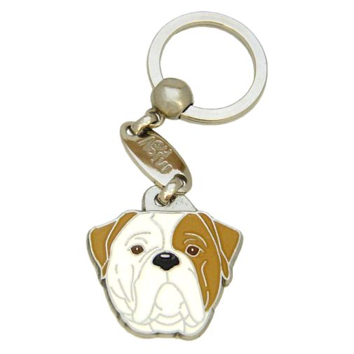 Custom personalized dog name tag American bulldog brown eyed

This unique, cute and quality dog id tag is offered with laser engraved name and phone no. or your custom text. Stainless steel split ring for easy attachment to your pets collar. All items are also available as keychains.
Gift for dogs and dog lovers.

Color: colored/silver
Size: 32 x 33 mm

Engraving area: 21 x 18 mm
Laser engraving personalization on the back side is included in the price. Enter the text you wish to have engraved. Suggestion: dog's name and phone number. We engrave on the back side of the tag. Engraving will be centered and easy to read. If you go over the recommended count then the text becomes smaller, and harder to read.

Metal, chrome plated dog tag or key ring. 
Hand made, hand colored, made in Slovenia. 

In stock.

