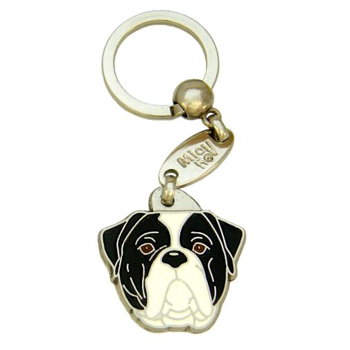 Custom personalized dog name tag American bulldog black and white

This unique, cute and quality dog id tag is offered with laser engraved name and phone no. or your custom text. Stainless steel split ring for easy attachment to your pets collar. All items are also available as keychains.
Gift for dogs and dog lovers.

Color: colored/silver
Size: 32 x 33 mm

Engraving area: 21 x 18 mm
Laser engraving personalization on the back side is included in the price. Enter the text you wish to have engraved. Suggestion: dog's name and phone number. We engrave on the back side of the tag. Engraving will be centered and easy to read. If you go over the recommended count then the text becomes smaller, and harder to read.

Metal, chrome plated dog tag or key ring. 
Hand made, hand colored, made in Slovenia. 

In stock.
