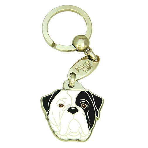 Custom personalized dog name tag American bulldog black eyed

This unique, cute and quality dog id tag is offered with laser engraved name and phone no. or your custom text. Stainless steel split ring for easy attachment to your pets collar. All items are also available as keychains.
Gift for dogs and dog lovers.

Color: colored/silver
Size: 32 x 33 mm

Engraving area: 21 x 18 mm
Laser engraving personalization on the back side is included in the price. Enter the text you wish to have engraved. Suggestion: dog's name and phone number. We engrave on the back side of the tag. Engraving will be centered and easy to read. If you go over the recommended count then the text becomes smaller, and harder to read.

Metal, chrome plated dog tag or key ring. 
Hand made, hand colored, made in Slovenia. 

In stock.
