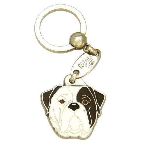 Custom personalized dog name tag American bulldog brindle eyed

This unique, cute and quality dog id tag is offered with laser engraved name and phone no. or your custom text. Stainless steel split ring for easy attachment to your pets collar. All items are also available as keychains.
Gift for dogs and dog lovers.

Color: colored/silver
Size: 32 x 33 mm

Engraving area: 21 x 18 mm
Laser engraving personalization on the back side is included in the price. Enter the text you wish to have engraved. Suggestion: dog's name and phone number. We engrave on the back side of the tag. Engraving will be centered and easy to read. If you go over the recommended count then the text becomes smaller, and harder to read.

Metal, chrome plated dog tag or key ring. 
Hand made, hand colored, made in Slovenia. 

In stock.
