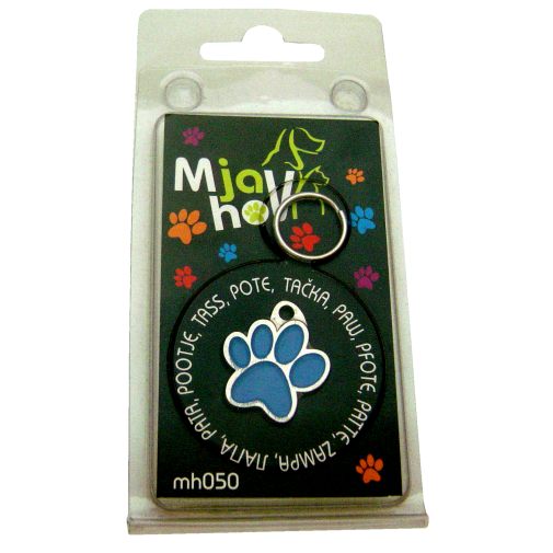 Custom personalized dog name tag PAW MJAVHOV BLUE
Color: colored/silver 
Dim: 22 x 25 mm
Engraving area: 
15 x 7 mm
Metal, chrome plated pet tag.
 
Personalized laser engraving on the back side included.

Hand made 
MADE IN SLOVENIA

In stock.
