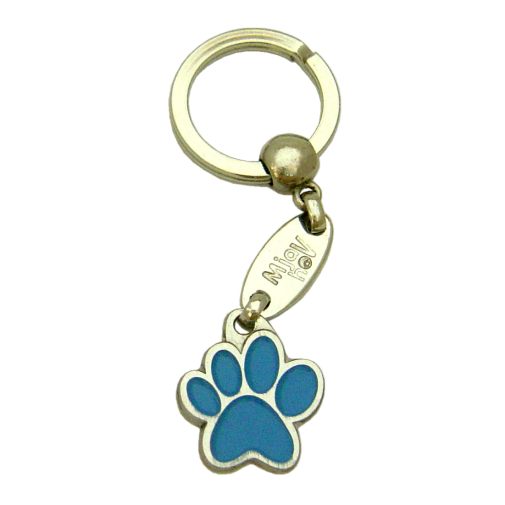Custom personalized dog name tag PAW MJAVHOV BLUE
Color: colored/silver 
Dim: 22 x 25 mm
Engraving area: 
15 x 7 mm
Metal, chrome plated pet tag.
 
Personalized laser engraving on the back side included.

Hand made 
MADE IN SLOVENIA

In stock.
