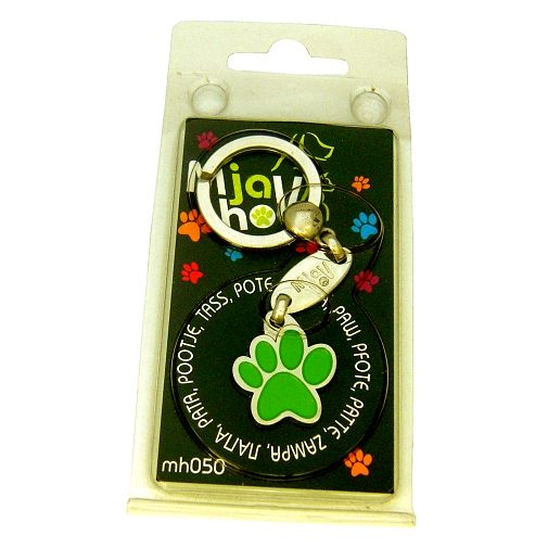 Custom personalized dog name tag PAW MJAVHOV GREEN
Color: colored/silver 
Dim:  22 x 25 mm
Engraving area: 
15 x 7 mm
Metal, chrome plated pet tag.
 
Personalized laser engraving on the back side included.

Hand made 
MADE IN SLOVENIA

In stock.
