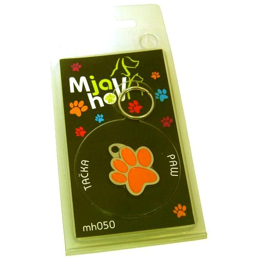 Custom personalized dog name tag Paw mjavhov orange

This unique, cute and quality dog id tag is offered with laser engraved name and phone no. or your custom text. Stainless steel split ring for easy attachment to your pets collar. All items are also available as keychains.
Gift for dogs and dog lovers.

Color: colored/silver
Size: 22 x 25 mm

Engraving area: 15 x 7 mm
Laser engraving personalization on the back side is included in the price. Enter the text you wish to have engraved. Suggestion: dog's name and phone number. We engrave on the back side of the tag. Engraving will be centered and easy to read. If you go over the recommended count then the text becomes smaller, and harder to read.

Metal, chrome plated dog tag or key ring. 
Hand made, hand colored, made in Slovenia. 

In stock.

