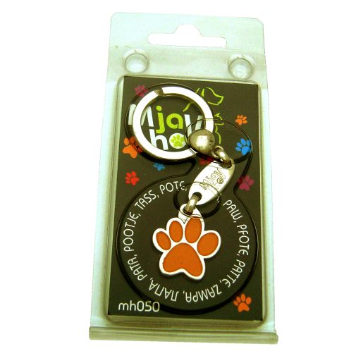 Custom personalized dog name tag Paw mjavhov orange

This unique, cute and quality dog id tag is offered with laser engraved name and phone no. or your custom text. Stainless steel split ring for easy attachment to your pets collar. All items are also available as keychains.
Gift for dogs and dog lovers.

Color: colored/silver
Size: 22 x 25 mm

Engraving area: 15 x 7 mm
Laser engraving personalization on the back side is included in the price. Enter the text you wish to have engraved. Suggestion: dog's name and phone number. We engrave on the back side of the tag. Engraving will be centered and easy to read. If you go over the recommended count then the text becomes smaller, and harder to read.

Metal, chrome plated dog tag or key ring. 
Hand made, hand colored, made in Slovenia. 

In stock.
