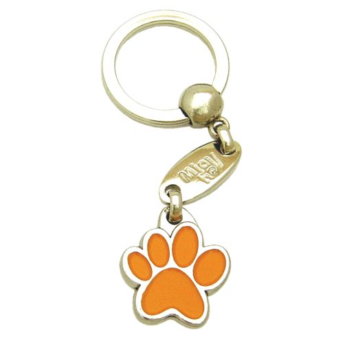 Custom personalized dog name tag PAW MJAVHOV ORANGE
Color: colored/silver 
Dim: 22 x 25 mm
Engraving area: 
15 x 7 mm
Metal, chrome plated pet tag.
 
Personalized laser engraving on the back side included.

Hand made 
MADE IN SLOVENIA

In stock.
