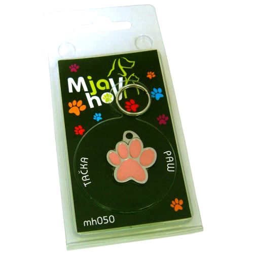 Custom personalized dog name tag PAW MJAVHOV PINK
Color: colored/silver 
Dim: 22 x 25 mm
Engraving area: 
15 x 7 mm
Metal, chrome plated pet tag.
 
Personalized laser engraving on the back side included.

Hand made 
MADE IN SLOVENIA

In stock.
