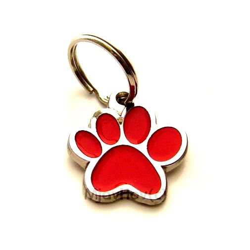 Custom personalized dog name tag PAW MJAVHOV RED
Color: colored/silver 
Dim: 22 x 25 mm
Engraving area: 
15 x 7 mm
Metal, chrome plated pet tag.
 
Personalized laser engraving on the back side included.

Hand made 
MADE IN SLOVENIA

In stock.

