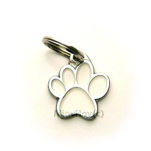 Custom personalized dog name tag PAW MJAVHOV WHITE
Color: colored/silver 
Dim: 22 x 25 mm
Engraving area: 
15 x 7 mm
Metal, chrome plated pet tag.
 
Personalized laser engraving on the back side included.

Hand made 
MADE IN SLOVENIA

In stock.

