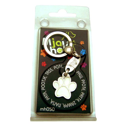 Custom personalized dog name tag PAW MJAVHOV WHITE
Color: colored/silver 
Dim: 22 x 25 mm
Engraving area: 
15 x 7 mm
Metal, chrome plated pet tag.
 
Personalized laser engraving on the back side included.

Hand made 
MADE IN SLOVENIA

In stock.
