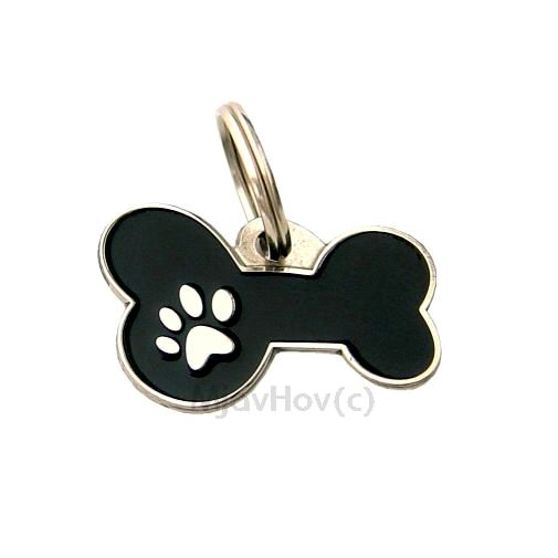 Custom personalized dog name tag BONE MJAVHOV BLACK
Color: colored/silver 
Dim: 34 x 21 mm
Engraving area: 
27 x 7 mm
Metal, chrome plated pet tag.
 
Personalized laser engraving on the back side included.

Hand made 
MADE IN SLOVENIA

In stock.
