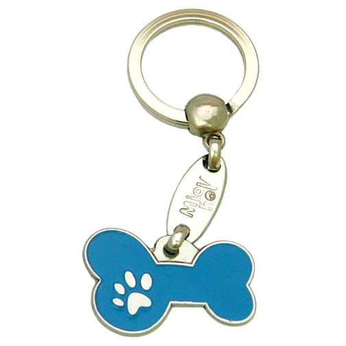 Custom personalized dog name tag BONE MJAVHOV BLUE
Color: colored/silver 
Dim: 34 x 21 mm
Engraving area: 
27 x 7 mm
Metal, chrome plated pet tag.
 
Personalized laser engraving on the back side included.

Hand made 
MADE IN SLOVENIA

In stock.
