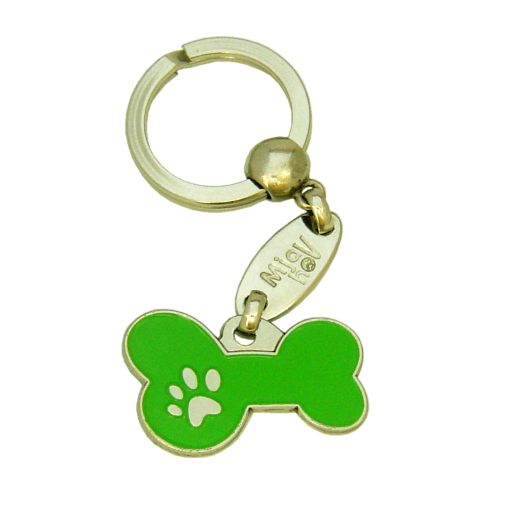 Custom personalized dog name tag BONE MJAVHOV GREEN
Color: colored/silver 
Dim:  34 x 21 mm
Engraving area: 
27 x 7 mm
Metal, chrome plated pet tag.
 
Personalized laser engraving on the back side included.

Hand made 
MADE IN SLOVENIA

In stock.
