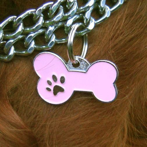 Custom personalized dog name tag BONE MJAVHOV PINK
Color: colored/silver 
Dim: 34 x 21 mm
Engraving area: 
27 x 7 mm
Metal, chrome plated pet tag.
 
Personalized laser engraving on the back side included.

Hand made 
MADE IN SLOVENIA

In stock.
