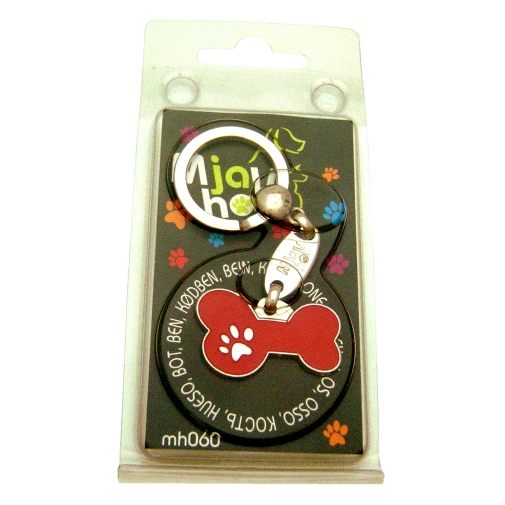 Custom personalized dog name tag BONE MJAVHOV RED
Color: colored/silver 
Dim: 34 x 21 mm
Engraving area: 
27 x 7 mm
Metal, chrome plated pet tag.
 
Personalized laser engraving on the back side included.

Hand made 
MADE IN SLOVENIA

In stock.
