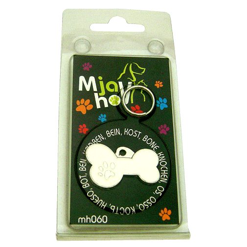 Custom personalized dog name tag BONE MJAVHOV WHITE
Color: colored/silver 
Dim: 34 x 21 mm
Engraving area: 
27 x 7 mm
Metal, chrome plated pet tag.
 
Personalized laser engraving on the back side included.

Hand made 
MADE IN SLOVENIA

In stock.
