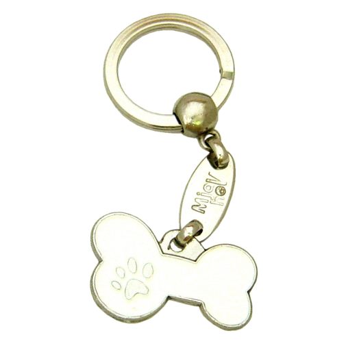 Custom personalized dog name tag BONE MJAVHOV WHITE
Color: colored/silver 
Dim: 34 x 21 mm
Engraving area: 
27 x 7 mm
Metal, chrome plated pet tag.
 
Personalized laser engraving on the back side included.

Hand made 
MADE IN SLOVENIA

In stock.
