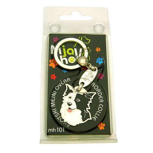Custom personalized dog name tag BORDER COLLIE BLACK EAR
Color: colored/silver 
Dim:  25 x 32 mm
Engraving area: 
18 x 18 mm
Metal, chrome plated pet tag.
 
Personalized laser engraving on the back side included.

Hand made 
MADE IN SLOVENIA

In stock.
