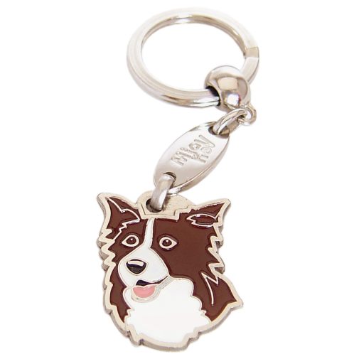 Custom personalized dog name tag BORDER COLLIE BROWN 
Color: colored/silver 
Dim: 25 x 32 mm
Engraving area: 
18 x 18 mm
Metal, chrome plated pet tag.
 
Personalized laser engraving on the back side included.

Hand made 
MADE IN SLOVENIA

In stock.
