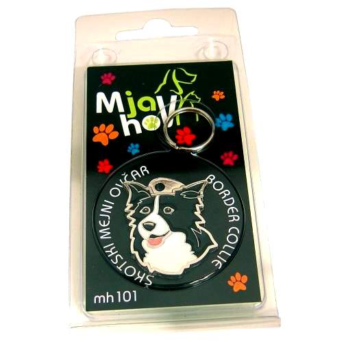 Custom personalized dog name tag BORDER COLLIE
Color: colored/silver 
Dim: 25 x 32 mm
Engraving area: 
18 x 18 mm
Metal, chrome plated pet tag.
 
Personalized laser engraving on the back side included.

Hand made 
MADE IN SLOVENIA

In stock.
