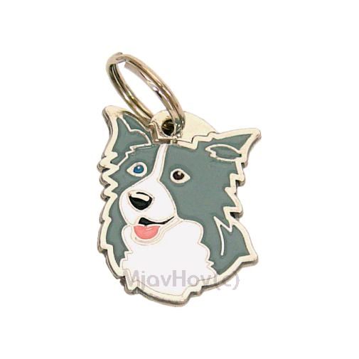 Custom personalized dog name tag BORDER COLLIE BLUE ODD EYED
Color: colored/silver 
Dim: 25 x 32 mm
Engraving area: 
18 x 18 mm
Metal, chrome plated pet tag.
 
Personalized laser engraving on the back side included.

Hand made 
MADE IN SLOVENIA

In stock.

