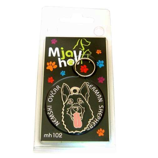 Custom personalized dog name tag German shepherd dog black

This unique, cute and quality dog id tag is offered with laser engraved name and phone no. or your custom text. Stainless steel split ring for easy attachment to your pets collar. All items are also available as keychains.
Gift for dogs and dog lovers.

Color: colored/silver
Size: 23 x 39 mm

Engraving area: 18 x 20 mm
Laser engraving personalization on the back side is included in the price. Enter the text you wish to have engraved. Suggestion: dog's name and phone number. We engrave on the back side of the tag. Engraving will be centered and easy to read. If you go over the recommended count then the text becomes smaller, and harder to read.

Metal, chrome plated dog tag or key ring. 
Hand made, hand colored, made in Slovenia. 

In stock.
