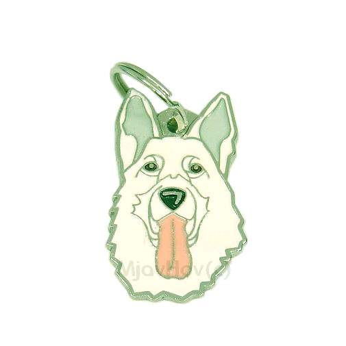 Custom personalized dog name tag WHITE SHEPHERD
Color: colored/silver 
Dim:  23 x 39 mm
Engraving area: 
20 x 18 mm
Metal, chrome plated pet tag.
 
Personalized laser engraving on the back side included.

Hand made 
MADE IN SLOVENIA

In stock.
