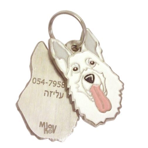 Custom personalized dog name tag WHITE SHEPHERD
Color: colored/silver 
Dim:  23 x 39 mm
Engraving area: 
20 x 18 mm
Metal, chrome plated pet tag.
 
Personalized laser engraving on the back side included.

Hand made 
MADE IN SLOVENIA

In stock.

