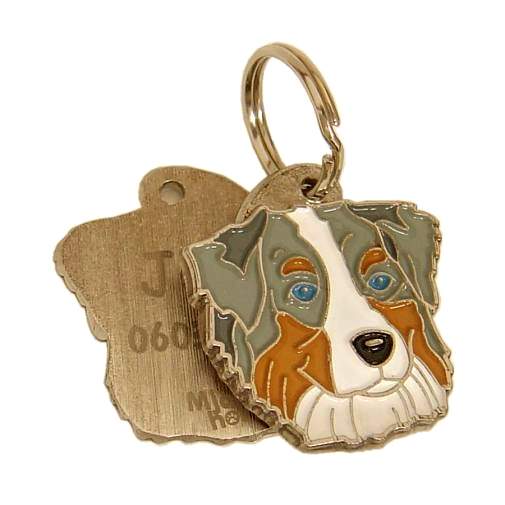 Custom personalized dog name tag Australian shepherd blue merle

This unique, cute and quality dog id tag is offered with laser engraved name and phone no. or your custom text. Stainless steel split ring for easy attachment to your pets collar. All items are also available as keychains.
Gift for dogs and dog lovers.

Color: colored/silver
Size: 29 x 30 mm

Engraving area: 20 x 18 mm
Laser engraving personalization on the back side is included in the price. Enter the text you wish to have engraved. Suggestion: dog's name and phone number. We engrave on the back side of the tag. Engraving will be centered and easy to read. If you go over the recommended count then the text becomes smaller, and harder to read.

Metal, chrome plated dog tag or key ring. 
Hand made, hand colored, made in Slovenia. 

In stock.
