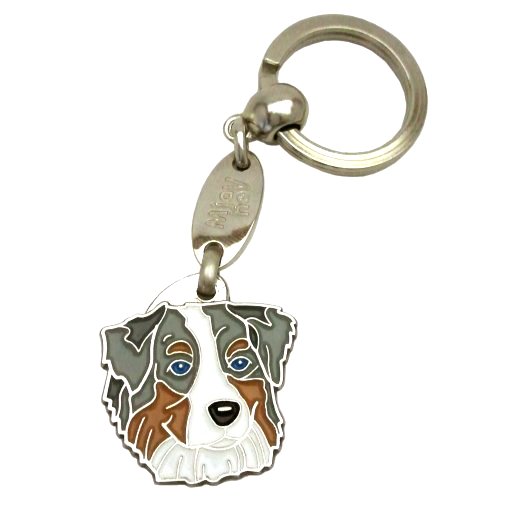 Custom personalized dog name tag Australian shepherd blue merle

This unique, cute and quality dog id tag is offered with laser engraved name and phone no. or your custom text. Stainless steel split ring for easy attachment to your pets collar. All items are also available as keychains.
Gift for dogs and dog lovers.

Color: colored/silver
Size: 29 x 30 mm

Engraving area: 20 x 18 mm
Laser engraving personalization on the back side is included in the price. Enter the text you wish to have engraved. Suggestion: dog's name and phone number. We engrave on the back side of the tag. Engraving will be centered and easy to read. If you go over the recommended count then the text becomes smaller, and harder to read.

Metal, chrome plated dog tag or key ring. 
Hand made, hand colored, made in Slovenia. 

In stock.
