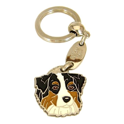 Custom personalized dog name tag Australian shepherd tricolor

This unique, cute and quality dog id tag is offered with laser engraved name and phone no. or your custom text. Stainless steel split ring for easy attachment to your pets collar. All items are also available as keychains.
Gift for dogs and dog lovers.

Color: colored/silver
Size: 29 x 30 mm

Engraving area: 20 x 18 mm
Laser engraving personalization on the back side is included in the price. Enter the text you wish to have engraved. Suggestion: dog's name and phone number. We engrave on the back side of the tag. Engraving will be centered and easy to read. If you go over the recommended count then the text becomes smaller, and harder to read.

Metal, chrome plated dog tag or key ring. 
Hand made, hand colored, made in Slovenia. 

In stock.
