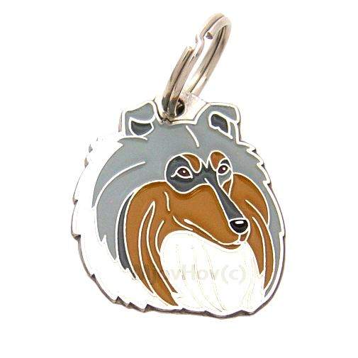 Custom personalized dog name tag Collie blue merle

This unique, cute and quality dog id tag is offered with laser engraved name and phone no. or your custom text. Stainless steel split ring for easy attachment to your pets collar. All items are also available as keychains.
Gift for dogs and dog lovers.

Color: colored/silver
Size: 30 x 34 mm

Engraving area: 20 x 18 mm
Laser engraving personalization on the back side is included in the price. Enter the text you wish to have engraved. Suggestion: dog's name and phone number. We engrave on the back side of the tag. Engraving will be centered and easy to read. If you go over the recommended count then the text becomes smaller, and harder to read.

Metal, chrome plated dog tag or key ring. 
Hand made, hand colored, made in Slovenia. 

In stock.
