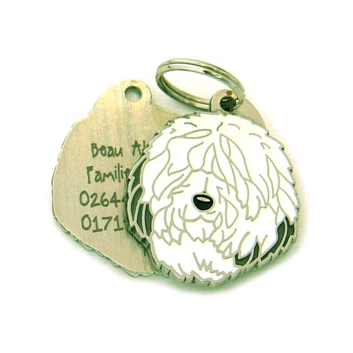 Custom personalized dog name tag Old english sheepdog

This unique, cute and quality dog id tag is offered with laser engraved name and phone no. or your custom text. Stainless steel split ring for easy attachment to your pets collar. All items are also available as keychains.
Gift for dogs and dog lovers.

Color: colored/silver
Size: 37 x 30 mm

Engraving area: 21 x 21 mm
Laser engraving personalization on the back side is included in the price. Enter the text you wish to have engraved. Suggestion: dog's name and phone number. We engrave on the back side of the tag. Engraving will be centered and easy to read. If you go over the recommended count then the text becomes smaller, and harder to read.

Metal, chrome plated dog tag or key ring. 
Hand made, hand colored, made in Slovenia. 

In stock.
