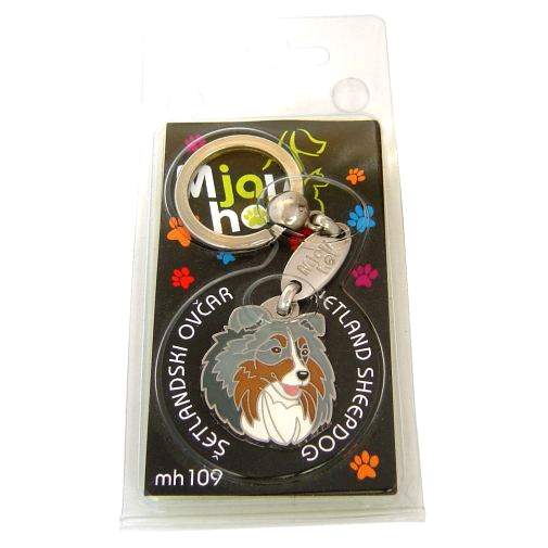 ﻿Namnbricka för hund med personlig gravyr Shetland sheepdog, sheltie blue merle

Färg: färgat/silver 
Storleken på den hängande: 28 x 33 mm
Maximal storlek gravyr: 21 x 20 mm

Brickorna är kvalitativa, kromade och handmålade.
 
Lasergraverade inskription på baksidan av hundbricka ingår i priset.

Alla ID-brickor levereras med en ring, för enkel och säker montering på djurets halsband.

Handgjorda, tillverkade i Slovenien.

På lager.
