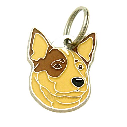 Custom personalized dog name tag Australian cattle dog cream brown eyed

This unique, cute and quality dog id tag is offered with laser engraved name and phone no. or your custom text. Stainless steel split ring for easy attachment to your pets collar. All items are also available as keychains.
Gift for dogs and dog lovers.

Color: colored/silver
Size: 26 x 32 mm

Engraving area: 20 x 17 mm
Laser engraving personalization on the back side is included in the price. Enter the text you wish to have engraved. Suggestion: dog's name and phone number. We engrave on the back side of the tag. Engraving will be centered and easy to read. If you go over the recommended count then the text becomes smaller, and harder to read.

Metal, chrome plated dog tag or key ring. 
Hand made, hand colored, made in Slovenia. 

In stock.
