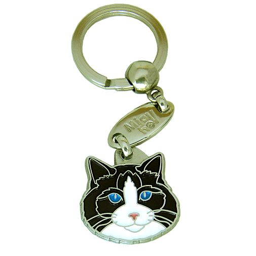 Custom personalized cat name tag Ragdoll cat black bicolor

This unique, cute and quality cat id tag is offered with laser engraved name and phone no. or your custom text. Stainless steel split ring for easy attachment to your pets collar. All items are also available as keychains.
Gift for cats and cat lovers.

Color: colored/silver
Size: 28 x 28 mm

Engraving area: 20 x 15 mm
Laser engraving personalization on the back side is included in the price. Enter the text you wish to have engraved. Suggestion: cat's name and phone number. We engrave on the back side of the tag. Engraving will be centered and easy to read. If you go over the recommended count then the text becomes smaller, and harder to read.

Metal, chrome plated cat tag or key ring. 
Hand made, hand colored, made in Slovenia. 

In stock.
