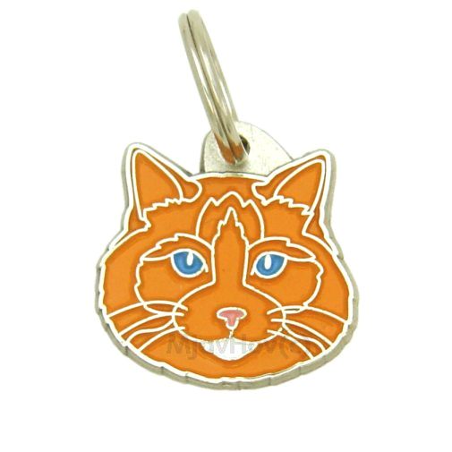 Custom personalized cat name tag Ragdoll cat orange

This unique, cute and quality cat id tag is offered with laser engraved name and phone no. or your custom text. Stainless steel split ring for easy attachment to your pets collar. All items are also available as keychains.
Gift for cats and cat lovers.

Color: colored/silver
Size: 28 x 28 mm

Engraving area: 20 x 15 mm
Laser engraving personalization on the back side is included in the price. Enter the text you wish to have engraved. Suggestion: cat's name and phone number. We engrave on the back side of the tag. Engraving will be centered and easy to read. If you go over the recommended count then the text becomes smaller, and harder to read.

Metal, chrome plated cat tag or key ring. 
Hand made, hand colored, made in Slovenia. 

In stock.

