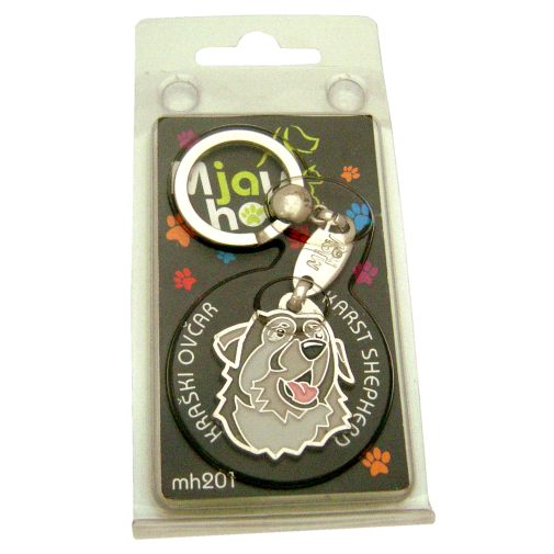 Custom personalized dog name tag KARST SHEPHERD
Color: colored/silver 
Dim: 30 x 35 mm
Engraving area: 
20 x 20 mm
Metal, chrome plated pet tag.
 
Personalized laser engraving on the back side included.

Hand made 
MADE IN SLOVENIA

In stock.
